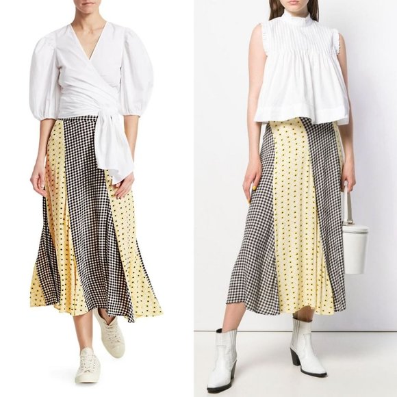 Ganni Dresses & Skirts - GANNI Daisy Printed Floral Crepe Paneled Maxi Skirt Gingham Yellow Flowy EU 40